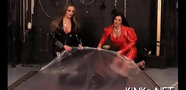  Mean dominatrix wraps up her serf and tortures his dick
